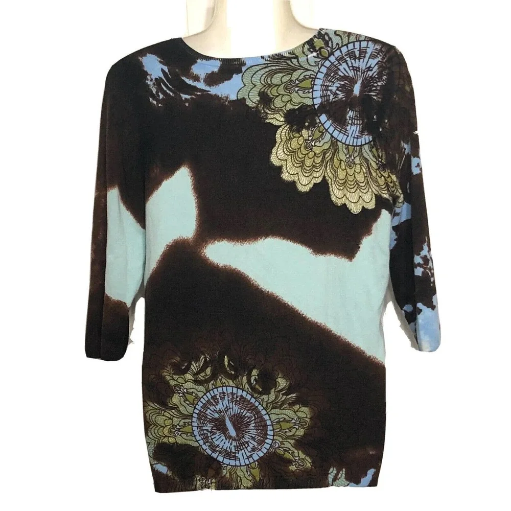 Vertigo Embellished Sweater Brown Blue Celestial Face Rhinestone Studded